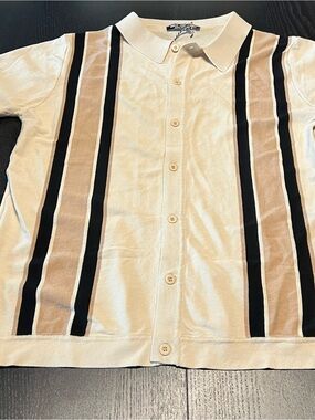 Cream Button-Up Knit Shirt with Tan & Black Stripes